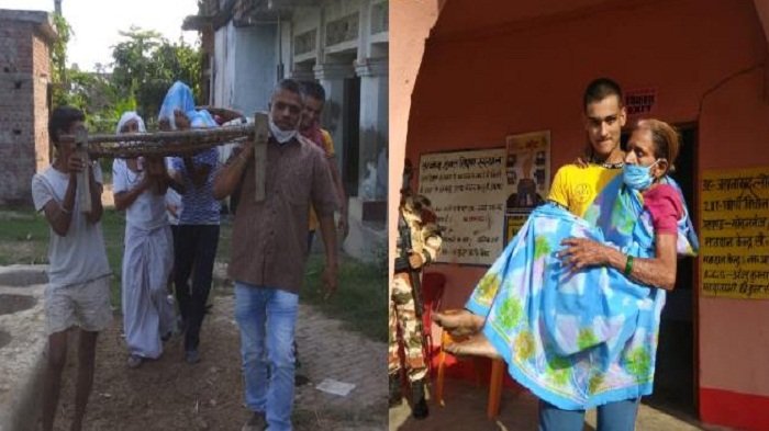 घोसी विधानसभा में खटिया पर लेकर 100 साल की बुजुर्ग को वोट डलवाने ले गए परिजन 17