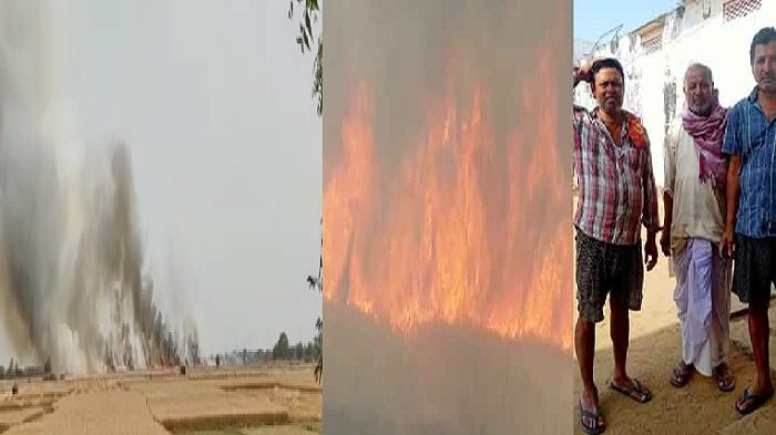 बक्सर जिले के आमसारी गांव में गेंहू के खेत में लगी आग, मौके पर पहुंची फायर ब्रिगेड खराब, मुआवजा की कर रहें मांग 1