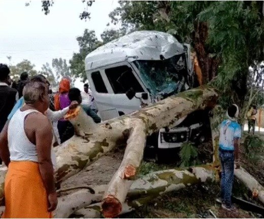 गिट्टी लदे ट्रक की टक्कर से टूटकर गिरा पेड़ 1